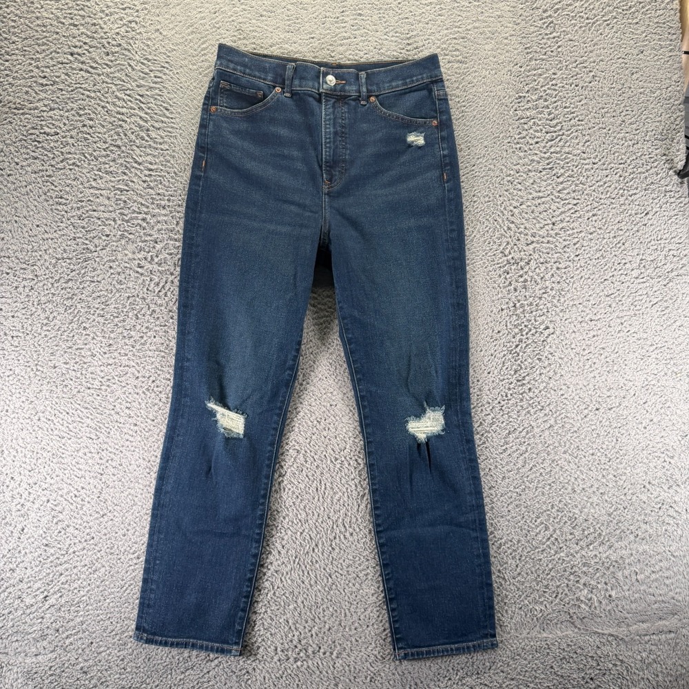Express Jeans Womens 6 Blue Cotton Denim Straight Slim Fit Workwear Distressed